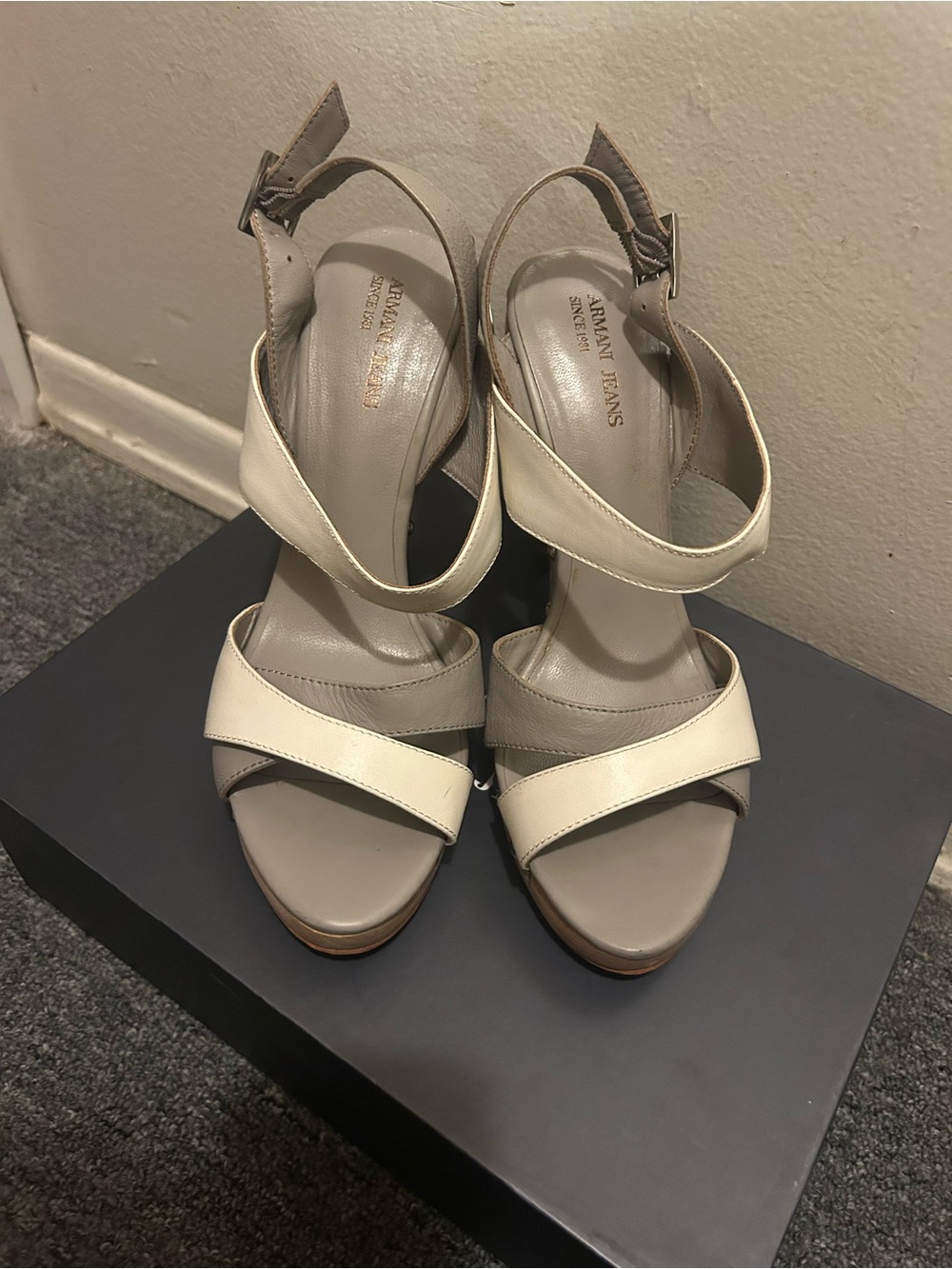 Armani Jeans Two-Tone Cream and Taupe Platform Leather Heeled Sandals